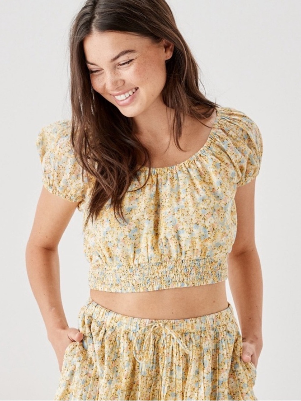 American Eagle Yellow Ditsy Floral Puff Sleeve Milkmaid Cottagecore Crop Top